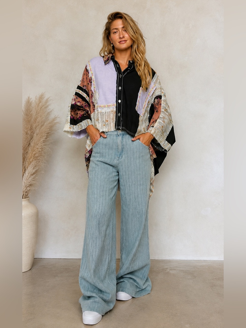 234🌟Patchwork Oversized Shirt – Small / One Size